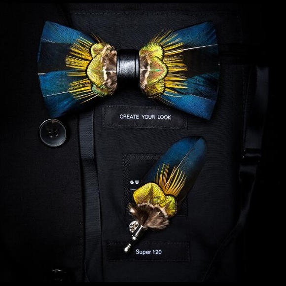 Handmade Blue and Emerald Green Feather Bow Tie Boutonnière Lapel Pin Set - Picture 10 of 12